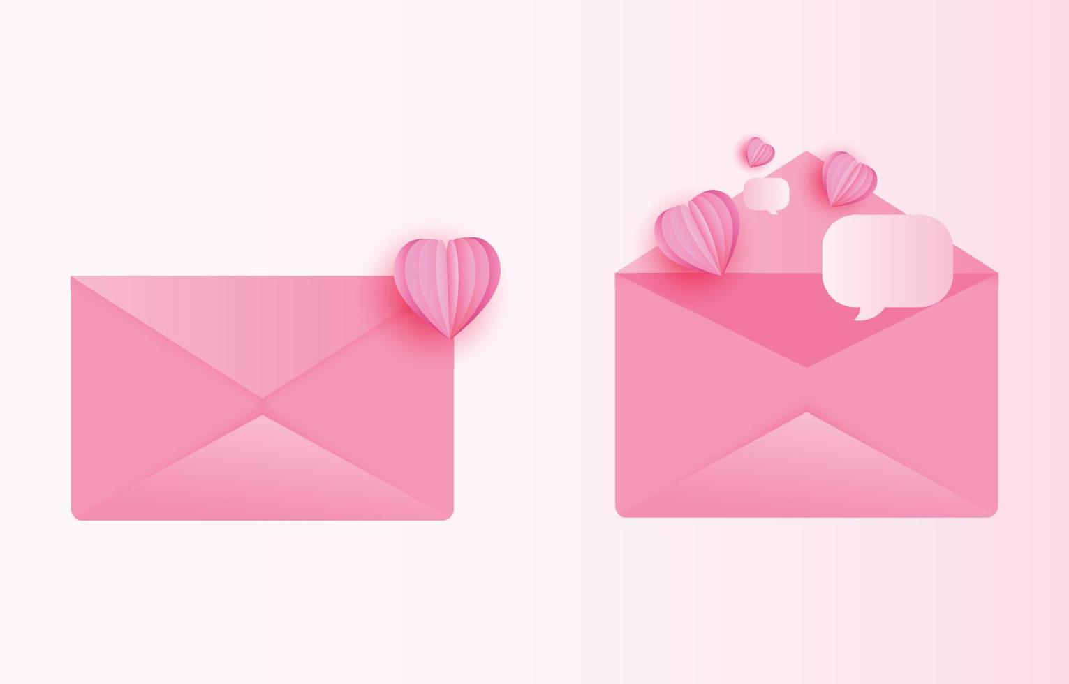 Symbol rosa Brief mit roten herzförmigen Papierausschnitten und Post. Illustrationsidee für den Valentinstag oder das Versenden von Liebesbotschaften. Vektorumschlag vektor