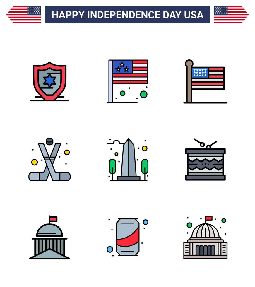 9 flach gefüllte Linienzeichen für USA-Unabhängigkeitstag-Denkmal Amerika Staaten amerikanisches Eishockey editierbare USA-Tag-Vektordesign-Elemente vektor