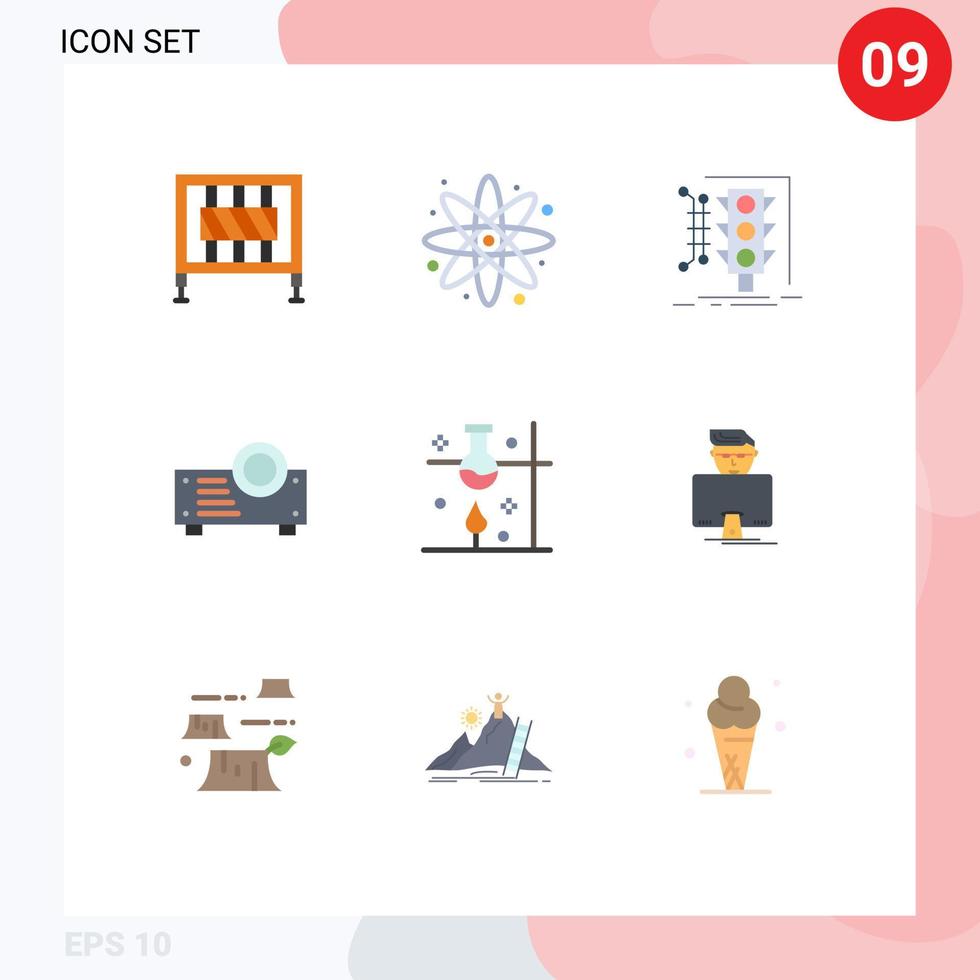 uppsättning av 9 vektor platt färger på rutnät för vetenskap laboratorium förvaltning projektor enhet redigerbar vektor design element