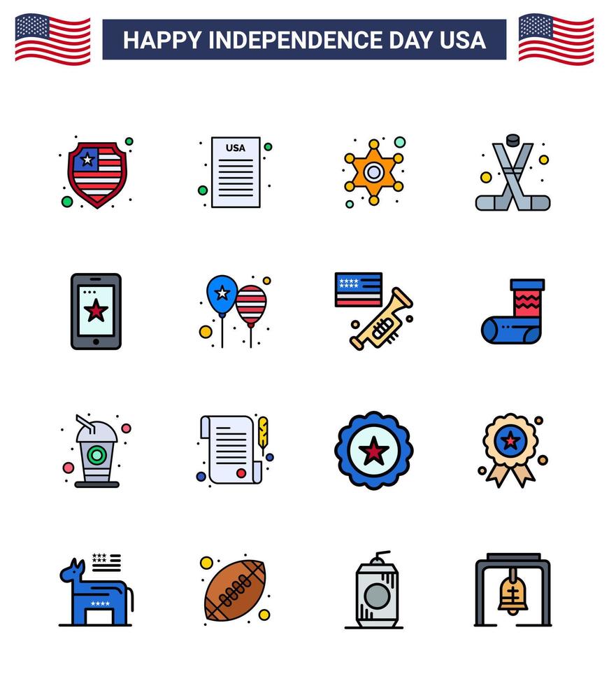 Aktienvektor-Icon-Pack mit amerikanischen Tag 16-Zeilenzeichen und -symbolen für Handy-Star-Amerika-Sport editierbare Usa-Tag-Vektordesign-Elemente vektor