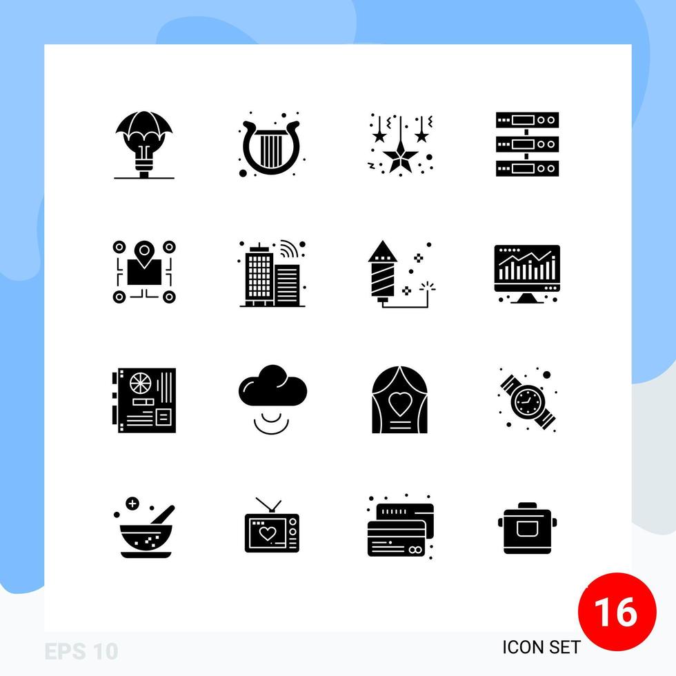 uppsättning av 16 vektor fast glyfer på rutnät för plats moln patrick lagring server redigerbar vektor design element
