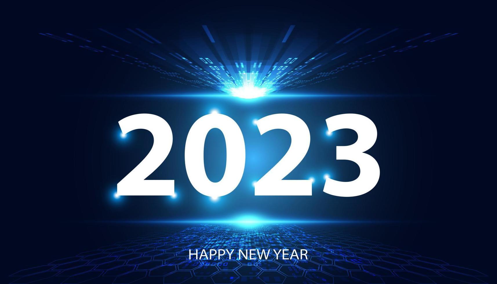abstraktes frohes neues Jahr 2023 Vorwärtslichtperspektive auf blauem Hintergrund digitaler futuristischer moderner Hi-Tech-Raum vektor