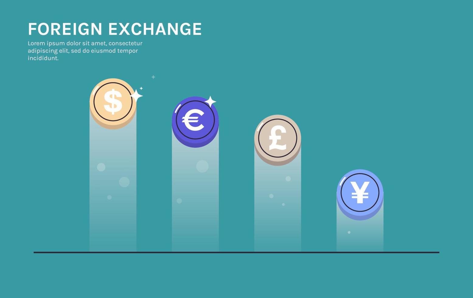 internationell valuta mynt och dollar, euro, pund, yen på bakgrund horisontell full längd platt vektor illustration.