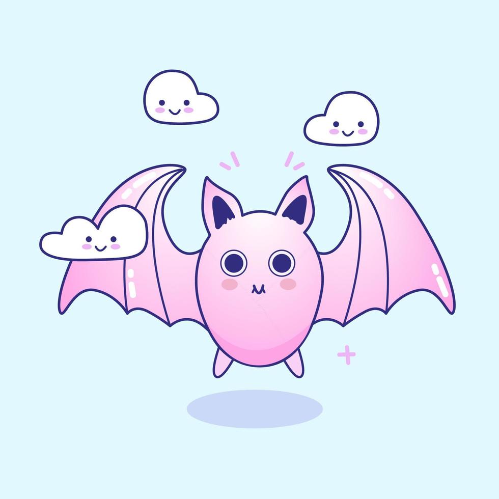 Vektor kawaii Fledermaus. süßer lächelnder halloween-charakter mit flügeln und wolken.