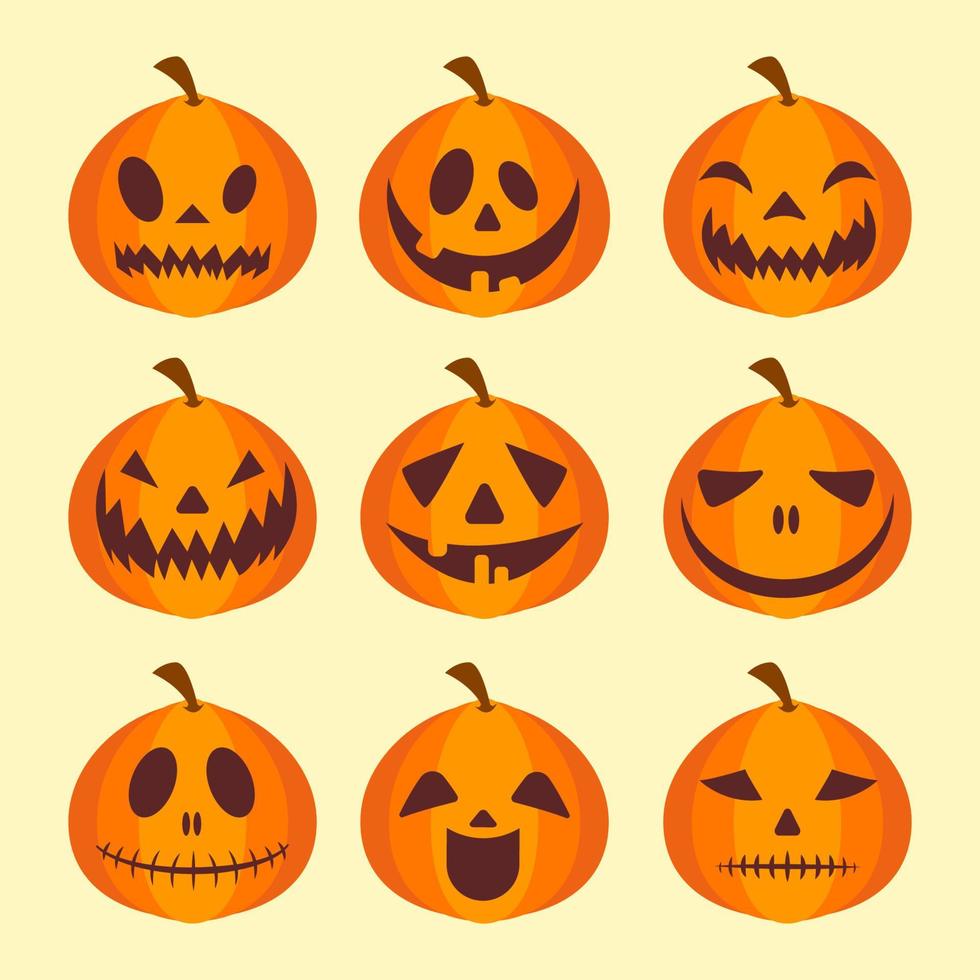 Kürbisgesicht setzen. das Hauptsymbol des fröhlichen Halloween-Urlaubs. orange Kürbis mit Lächeln für Ihr Design für den Feiertag Halloween. Vektor-Illustration. vektor