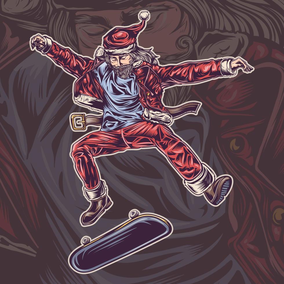 santa claus hoppar freestyle ridning en skateboard. vektor illustration.