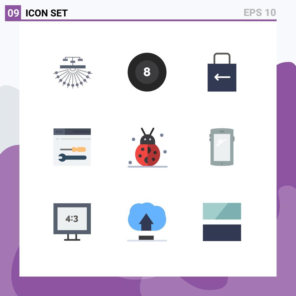 universelle Symbolsymbole Gruppe von 9 modernen flachen Farben von Käferkäfer-Web-Pfeilwerkzeugen Entwicklung editierbarer Vektordesign-Elemente vektor