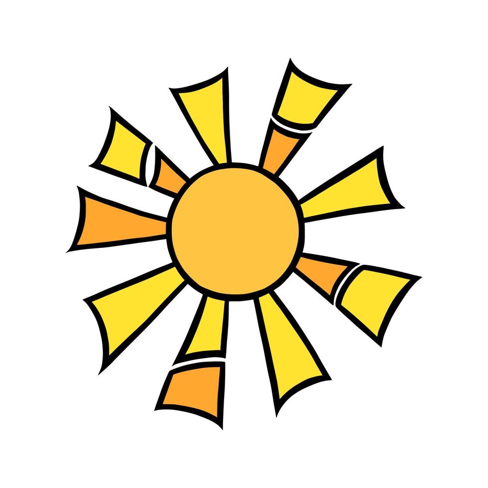 ritad för hand gul Sol. färgrik lysande Sol med balkar i klotter stil. svart och vit vektor illustration