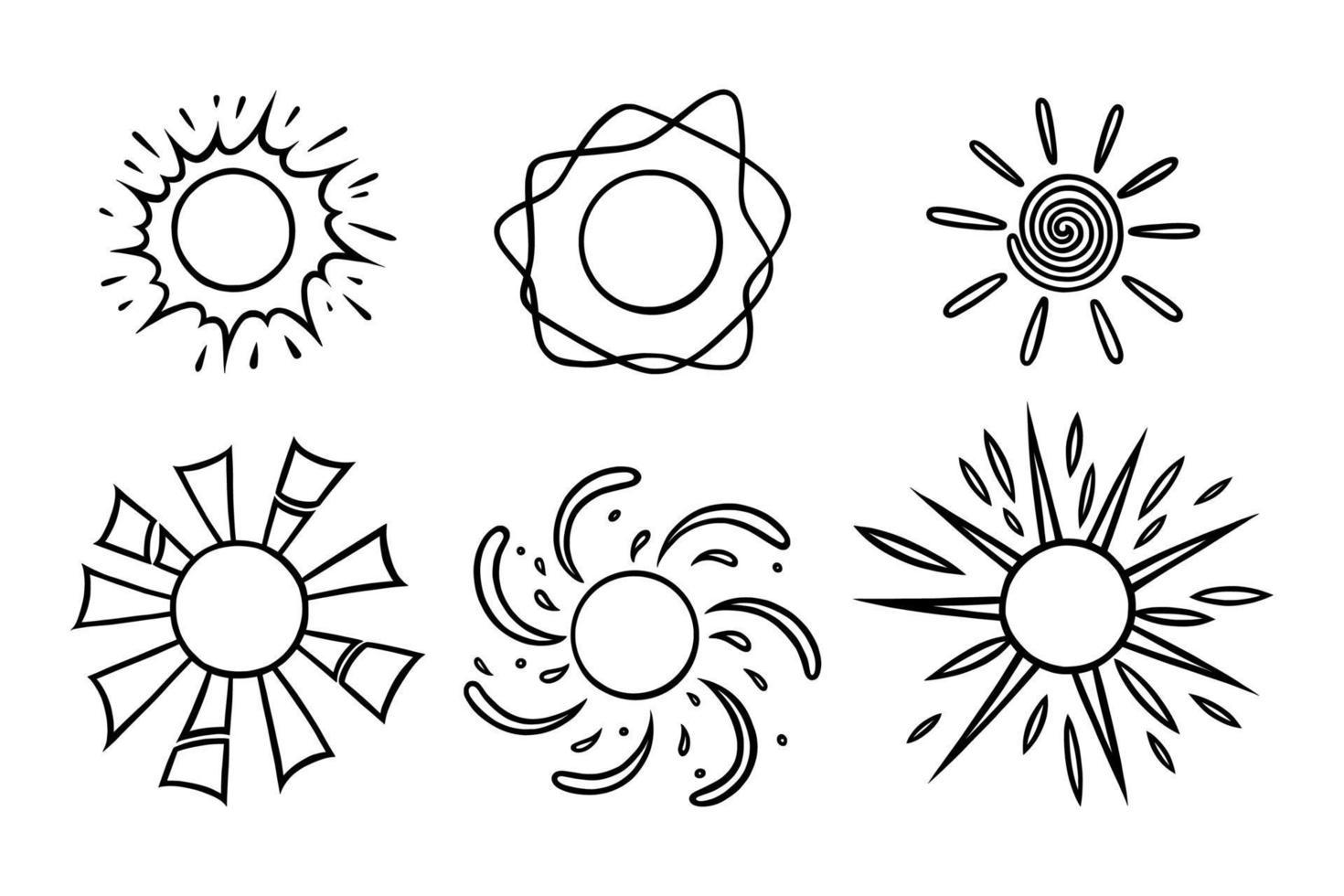 handgezeichnete Sonnen gehen unter. sonnenstrahlen mit strahlen im gekritzelstil. Schwarz-Weiß-Vektor-Illustration vektor