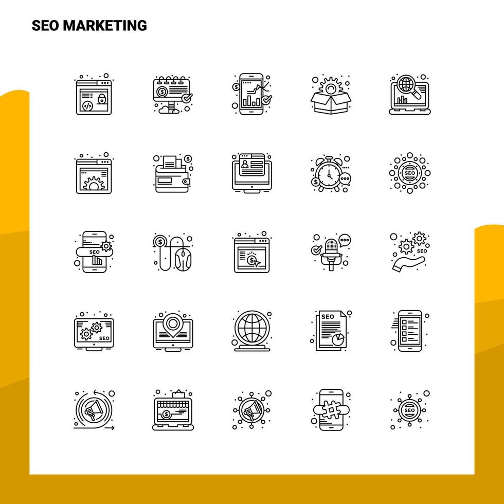 Set von SEO-Marketing-Liniensymbolen Set 25 Symbole. Vektor-Minimalismus-Stil-Design schwarze Symbole gesetzt. lineares Piktogrammpaket. vektor