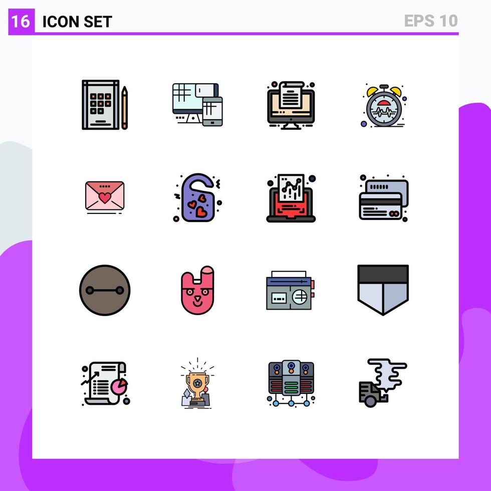 piktogrammsatz von 16 einfachen flachen farbgefüllten linien des herzliebesdokuments sms puls editierbare kreative vektordesignelemente vektor