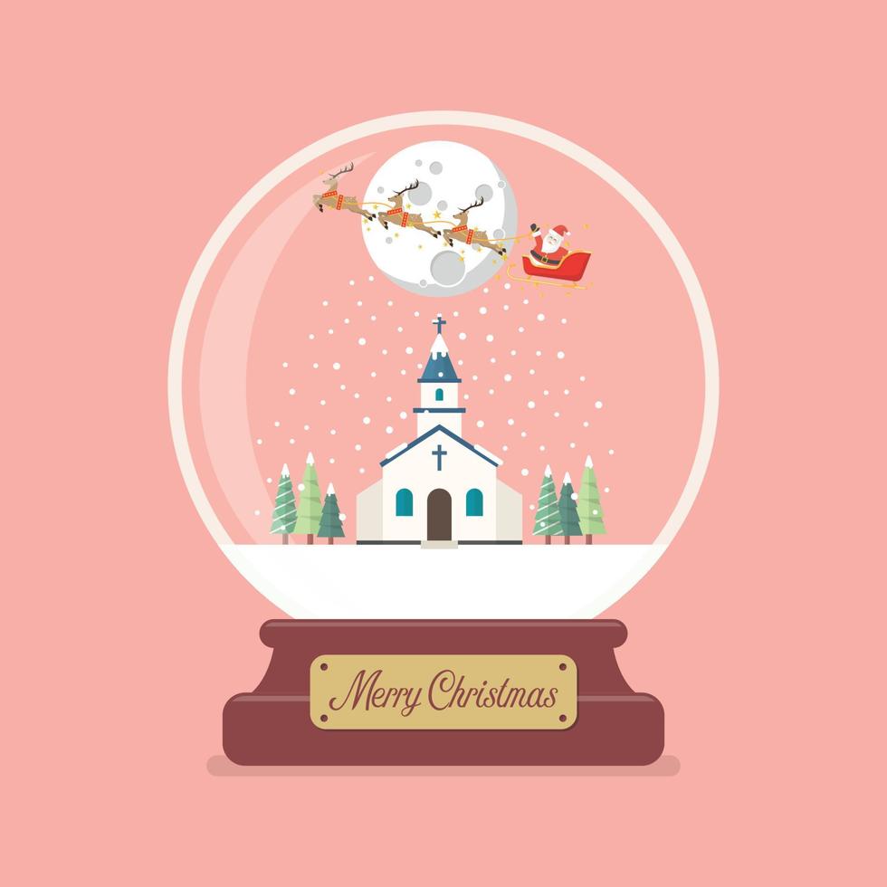frohe weihnachten glaskugel mit dem weihnachtsschlitten, der über die kirche fliegt vektor
