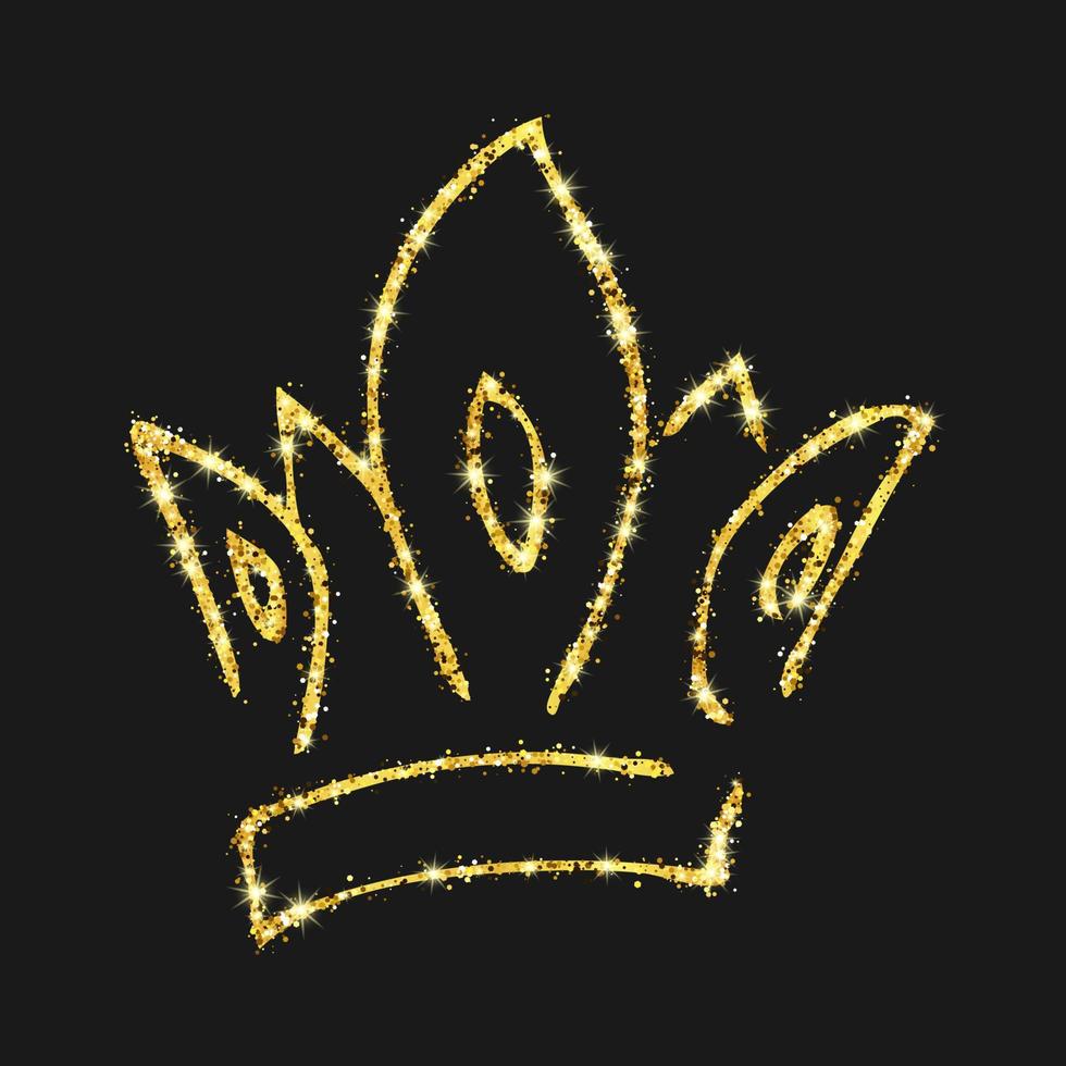 goldglitter handgezeichnete krone. einfache graffiti-skizze königin oder königskrone. königliche kaiserliche krönung und monarchsymbol isoliert auf dunklem hintergrund. Vektor-Illustration vektor