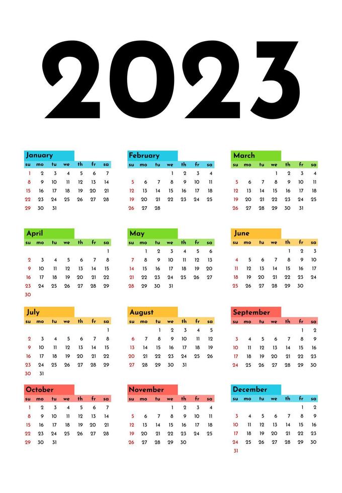 kalender för 2023 isolerad på en vit bakgrund. söndag till måndag, affärsmall. vektor illustration