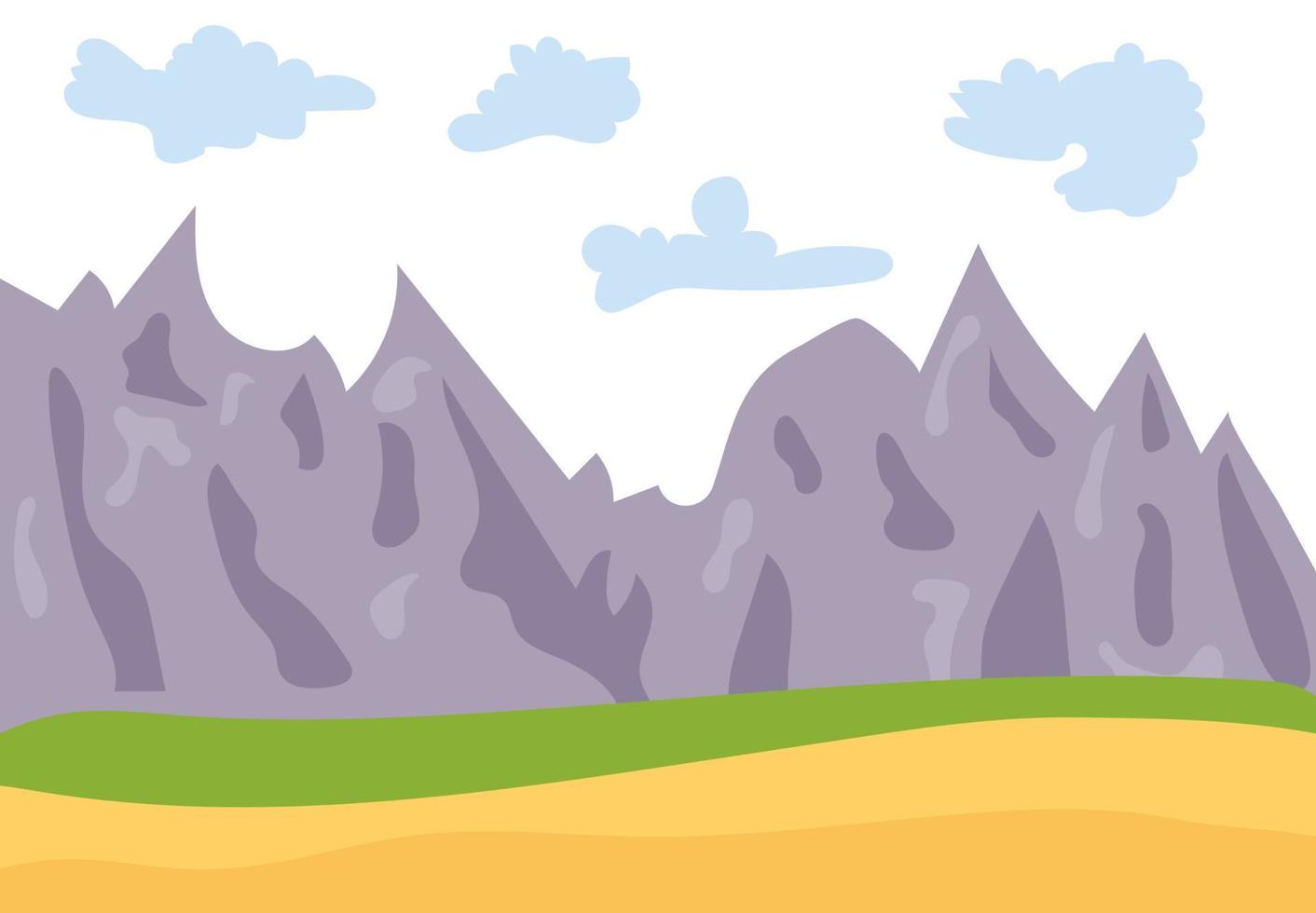 naturlig tecknad serie landskap i de platt stil med berg, blå himmel, moln och kullar. vektor illustration