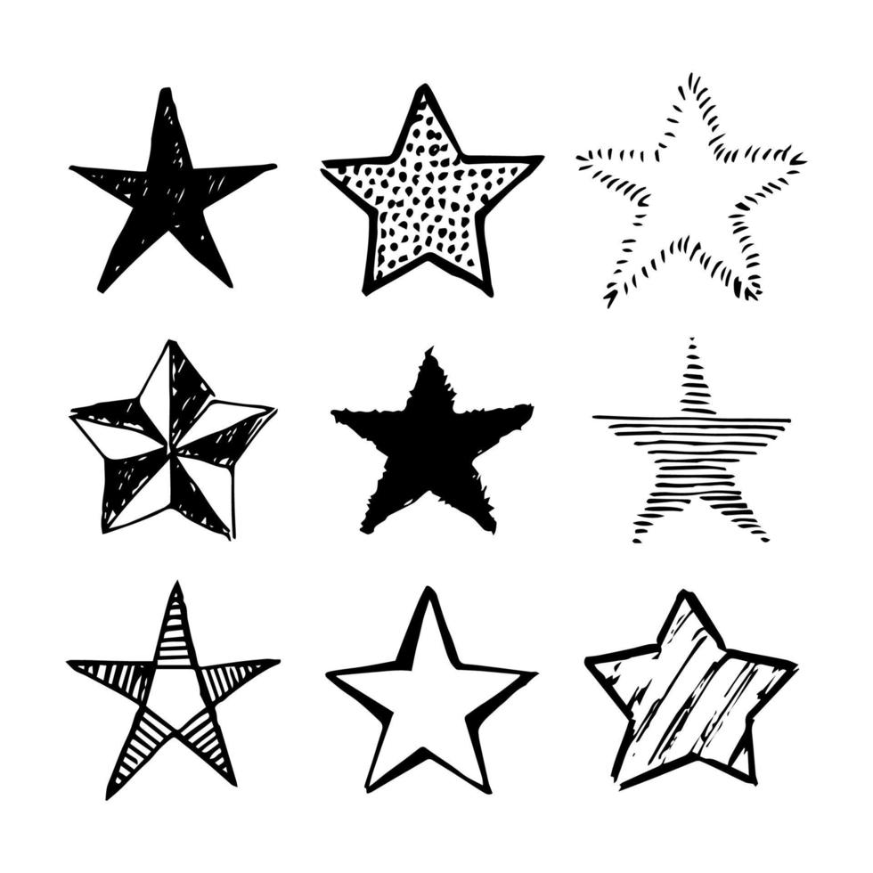 klotter stjärnor. uppsättning av nio svart hand dragen stjärnor isolerat på vit bakgrund. vektor illustration