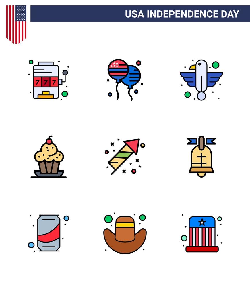 USA oberoende dag platt fylld linje uppsättning av 9 USA piktogram av tacksägelse muffin amerikan efterrätt stat redigerbar USA dag vektor design element