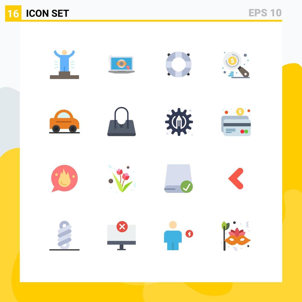 mobil gränssnitt platt Färg uppsättning av 16 piktogram av fordon seo presentation Sök pengar redigerbar packa av kreativ vektor design element