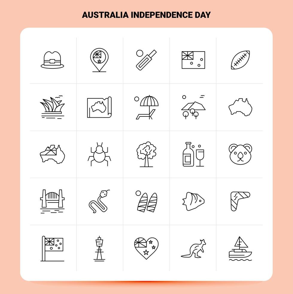 Umriss 25 Australien-Unabhängigkeitstag-Icon-Set-Vektor-Linienstil-Design Schwarze Symbole setzen lineare Piktogrammpaket-Web- und mobile Geschäftsideen-Design-Vektorillustration vektor