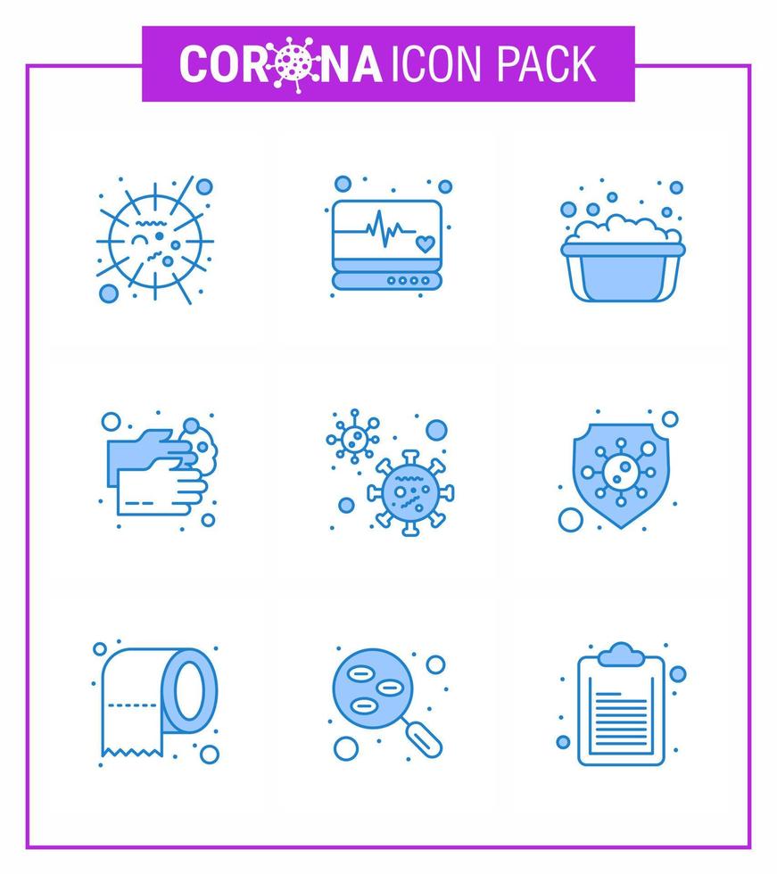9 blaues Coronavirus covid19 Icon Pack wie Wasserwäsche medizinischer Monitor Gesundheitswesen Seifenwasser virales Coronavirus 2019nov Krankheitsvektor Designelemente vektor