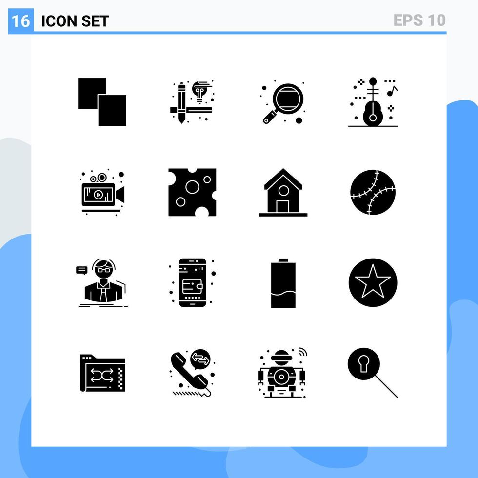 Satz von 16 Vektor-Solid-Glyphen auf Raster für Käsefilmforschung Kameramusik editierbare Vektordesign-Elemente vektor