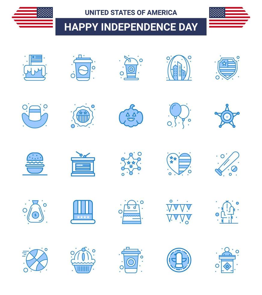 4:e juli USA Lycklig oberoende dag ikon symboler grupp av 25 modern blues av amerikan skydd soda amerikan landmärke redigerbar USA dag vektor design element