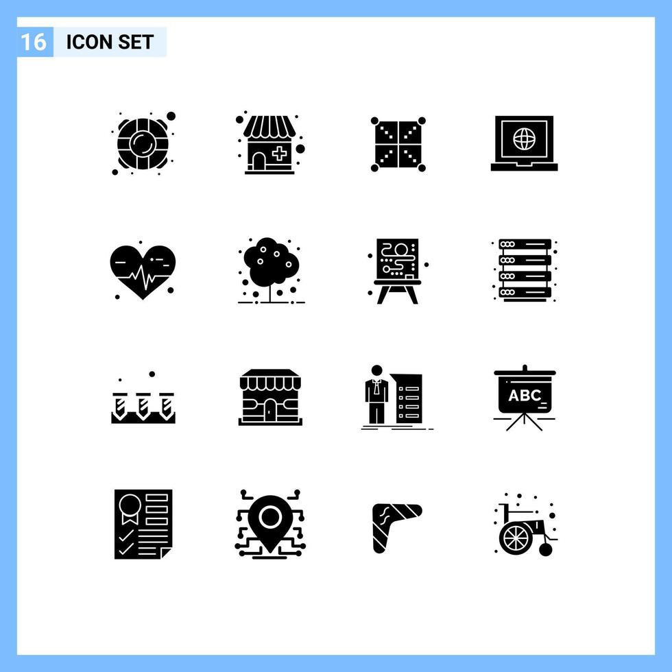 Mobile Schnittstelle solider Glyphensatz von 16 Piktogrammen von medizinischen Herzdesign-Webglobus-editierbaren Vektordesignelementen vektor