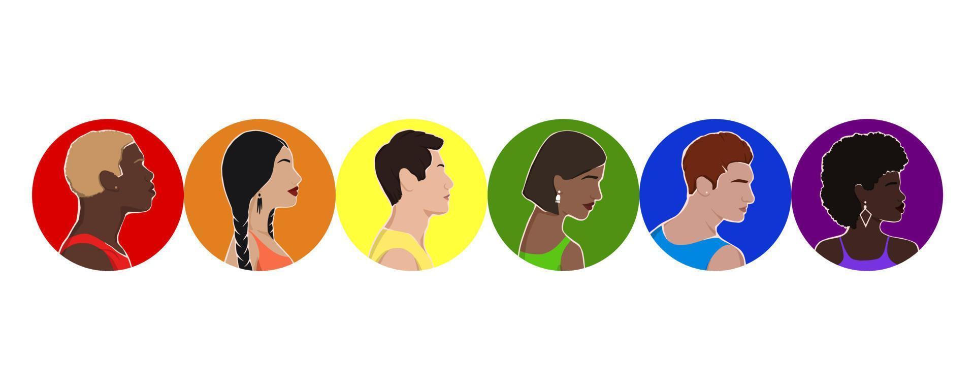 satz von symbolen mit menschen aus verschiedenen ethnischen gruppen in regenbogenflecken. LGBT-Community. Menschenrechte. lgbtq. flache illustration, stolzmonat. vektor