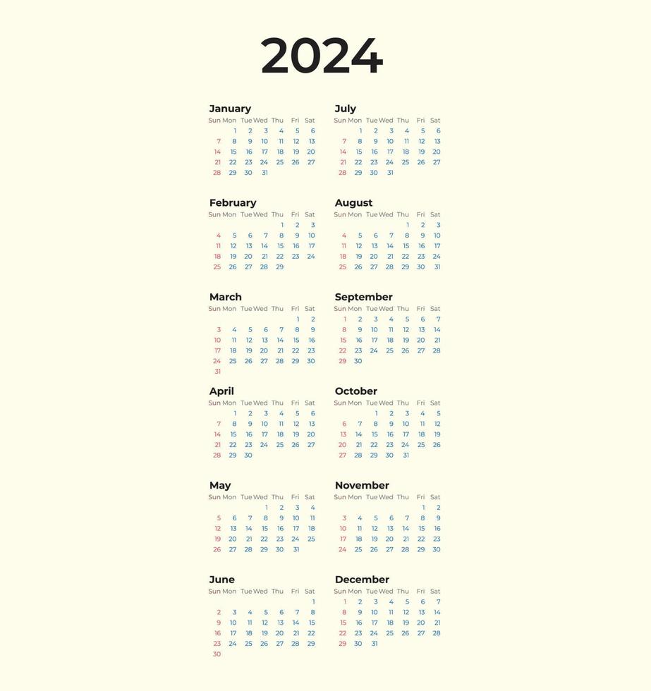 Kalender, Kalender 2023, Kalender 2024, einfaches Kalenderdesign, US-Kalender vektor