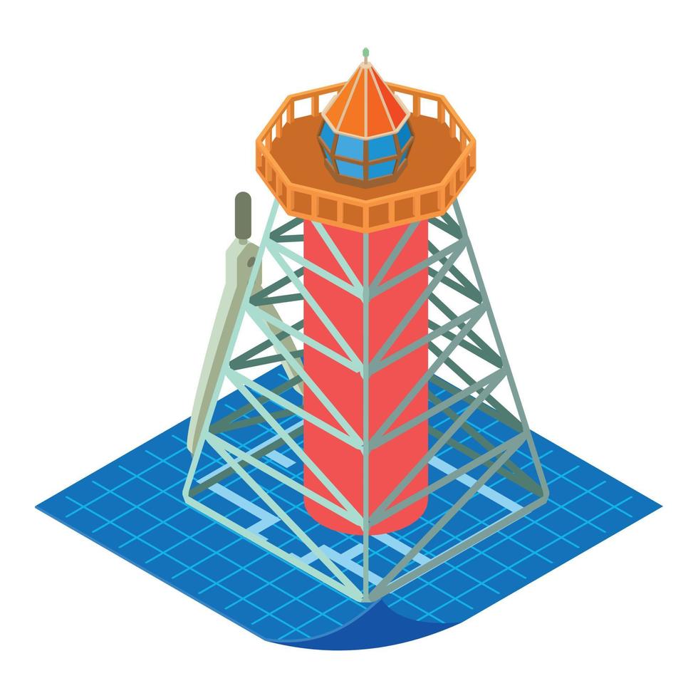 fyr projekt ikon isometrisk vektor. fyr modell på blå skriva ut och kompass vektor