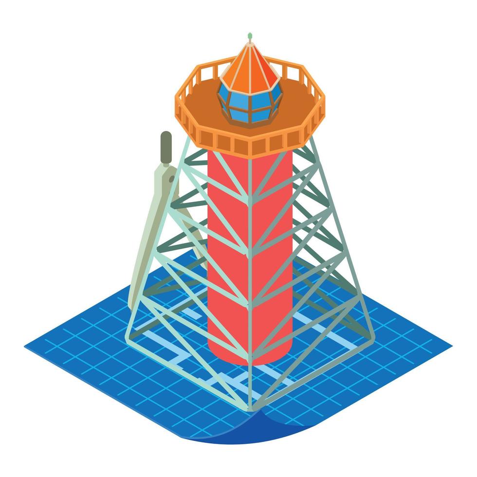 Leuchtturmprojekt Symbol isometrischer Vektor. Leuchtfeuermodell auf Blaupause und Kompass vektor