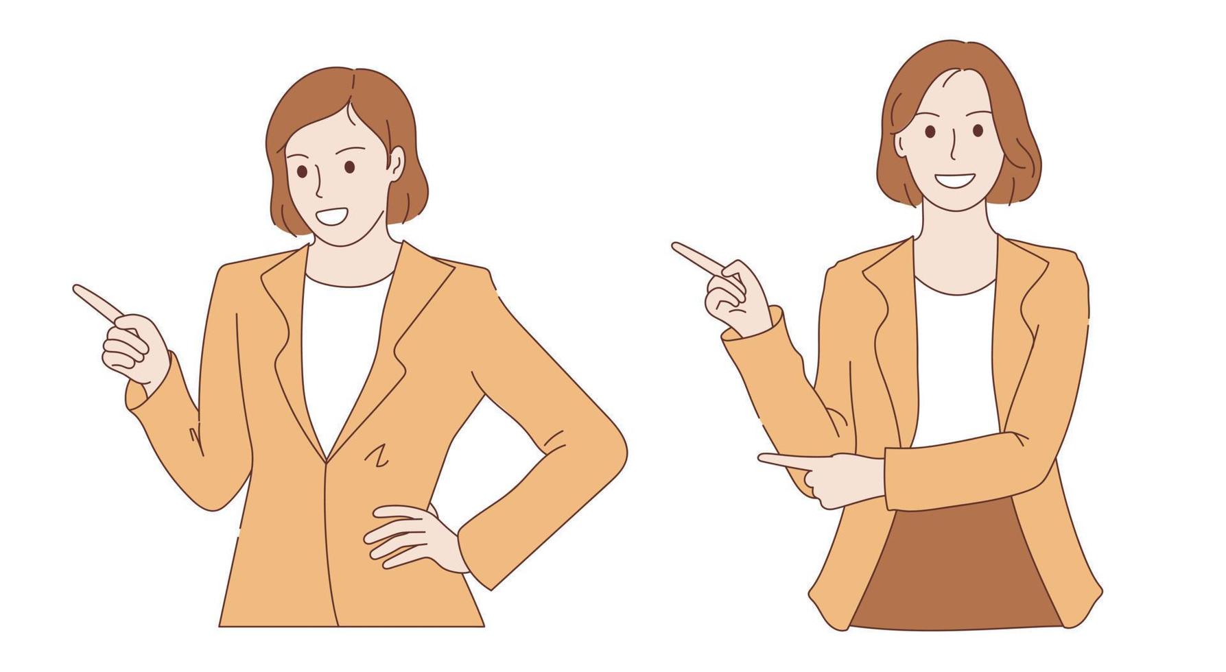 Lycklig företag kvinna med hand punkt gest illustration vektor