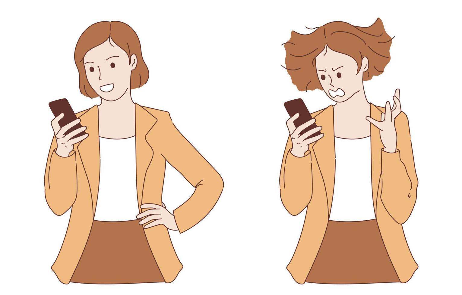 kvinna använder sig av mobil telefon med arg och Lycklig uttryck vektor