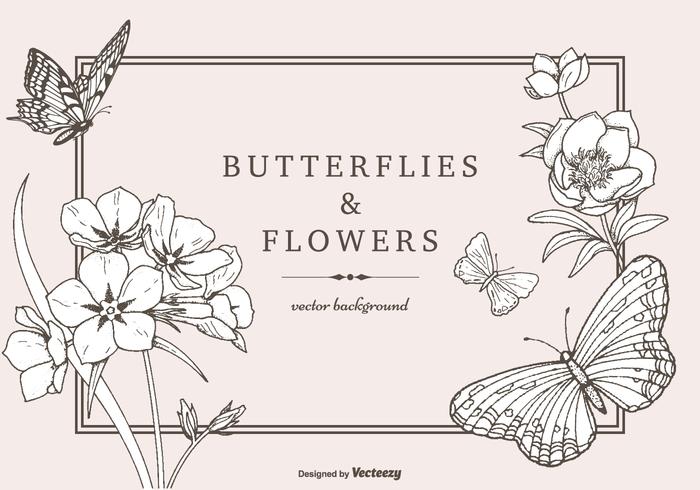 Handdragen fjärilar och blommor Vektor bakgrund