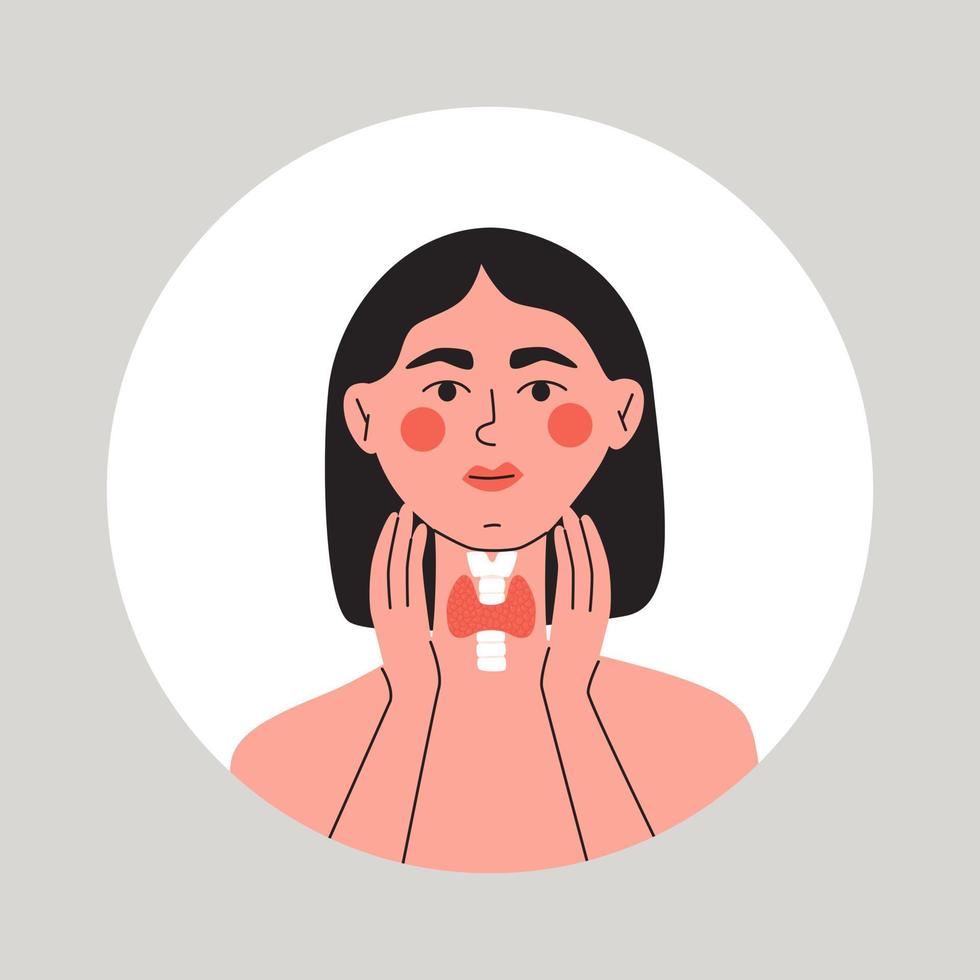kvinna som visar sköldkörtel körtel på henne nacke. endokrinologi systemet symbol, organ ansvarig för hormon produktion vektor