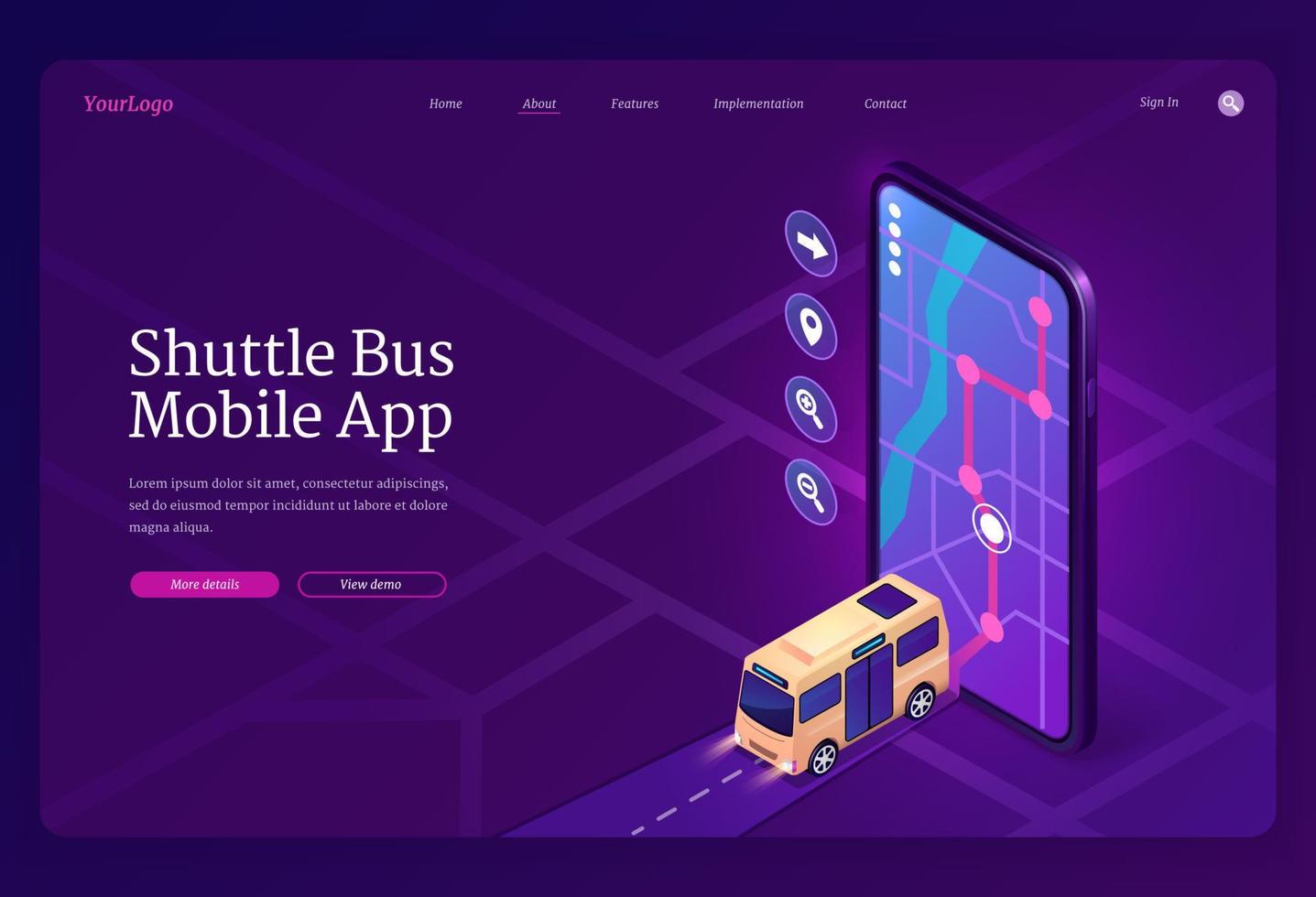 isometrische zielseite der mobilen app für den Shuttle-Bus vektor