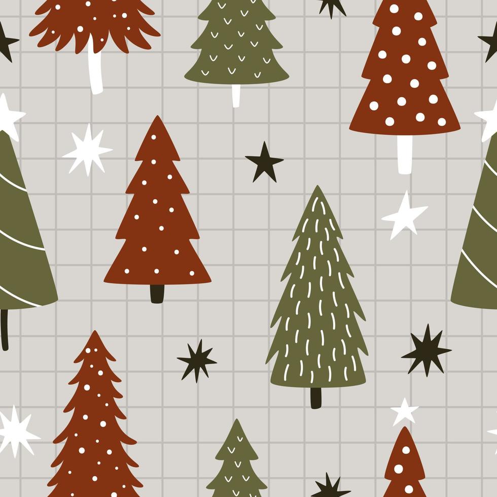 söt röd och grå jul träd med abstrakt dekor på en grå rutig bakgrund. sömlös vektor vinter- mönster för jul och ny år firande
