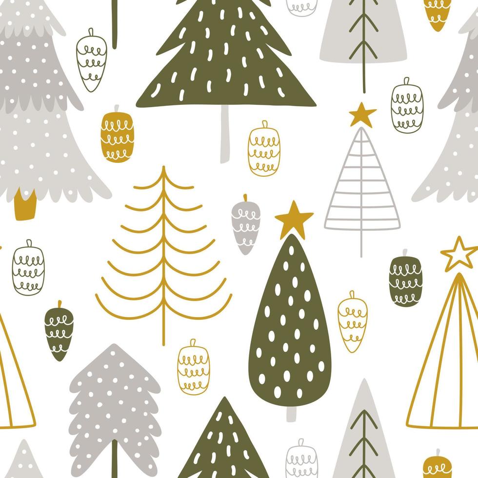 söt ritad för hand jul träd med koner i scandinavian stil. sömlös vektor mönster för de firande av vinter- ny år och jul högtider