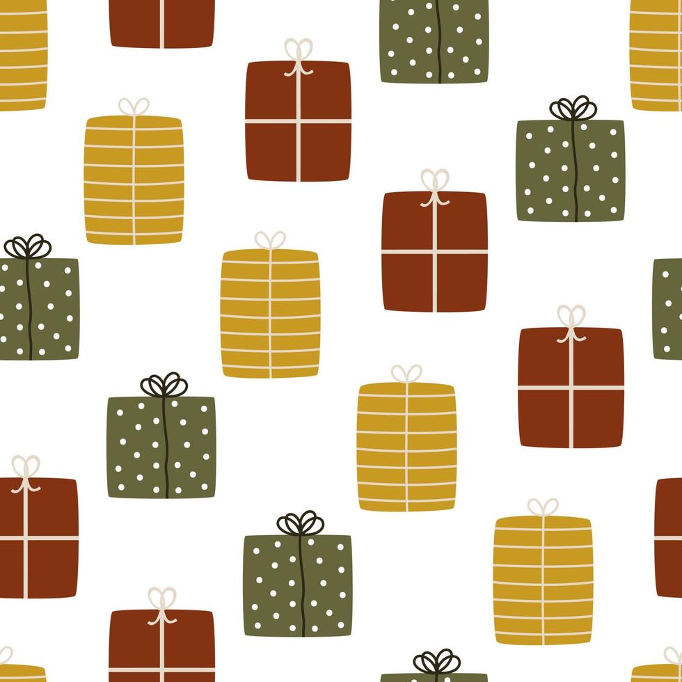 süße handgezeichnete Geschenkboxen in Hygge-Farben für die Winterferien. nahtloses muster für ein geschenk auf stoff oder papier für freunde und familie zu weihnachten und neujahr vektor