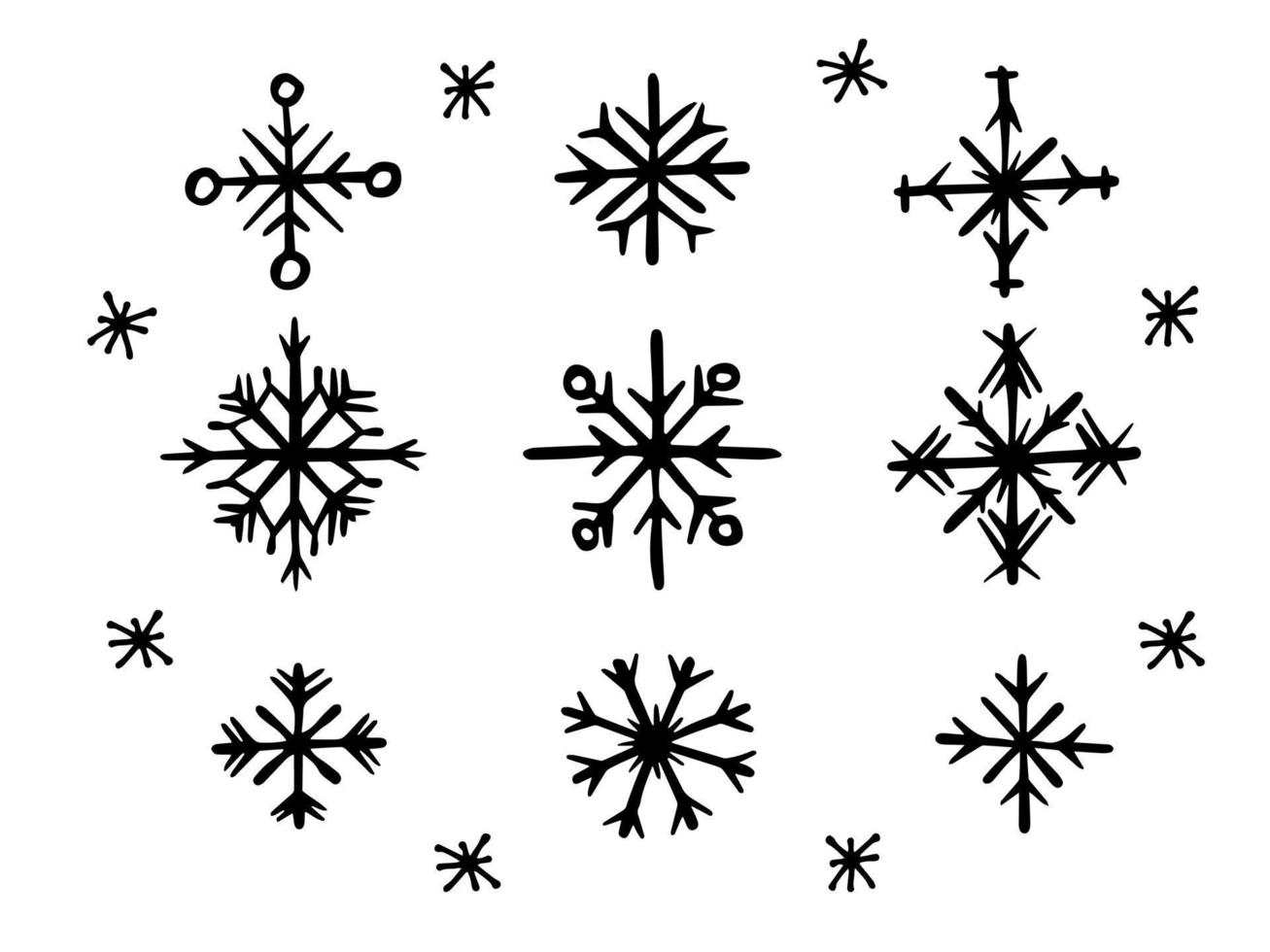 samling av svart och vit klotter jul snöflingor. enkel hand dragen uppsättning av design element vektor