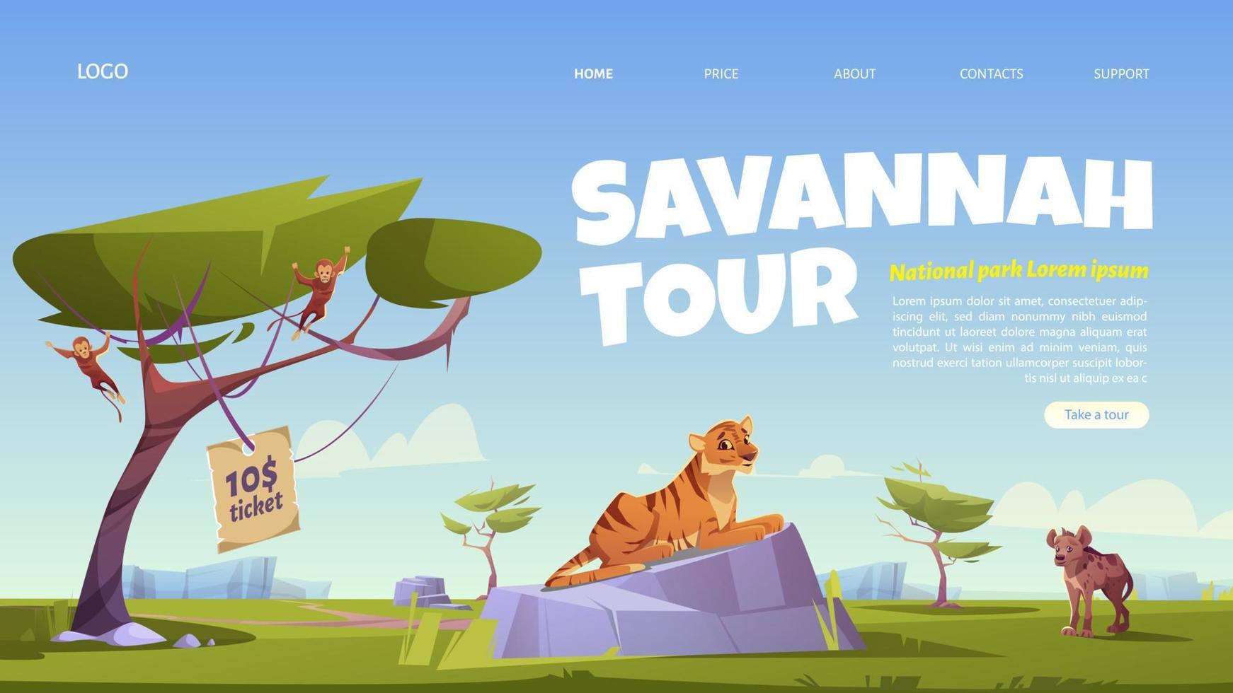 Savannah Tour Cartoon Landing Page, Zoopark. vektor