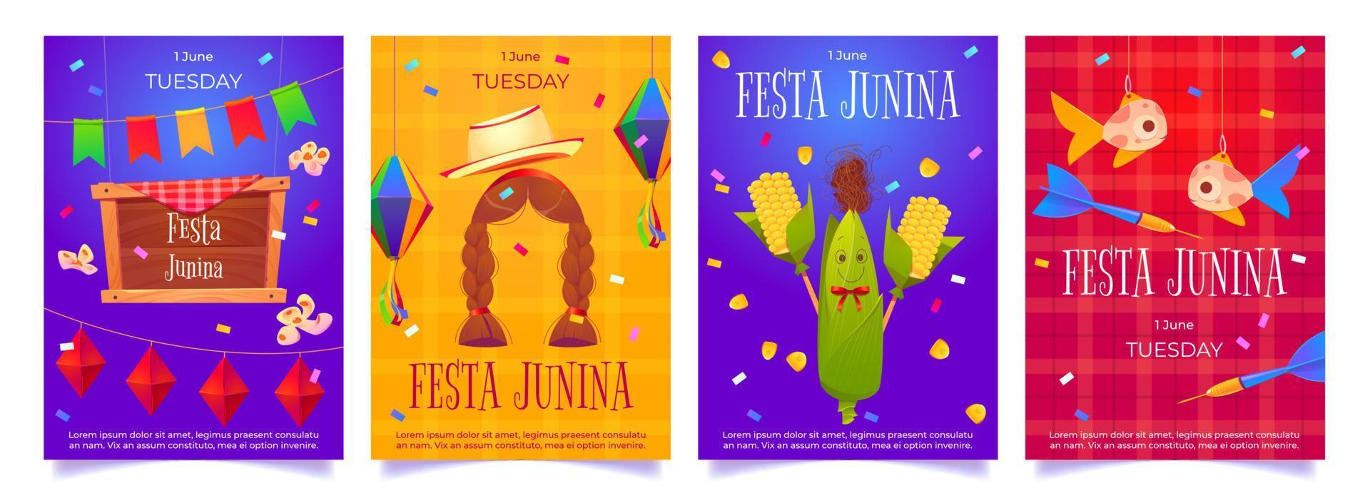 festa junina cartoon flyer party einladungskarten vektor