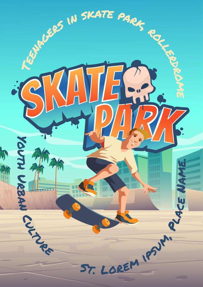 Skatepark-Poster mit Jungen, der auf Skateboard reitet vektor