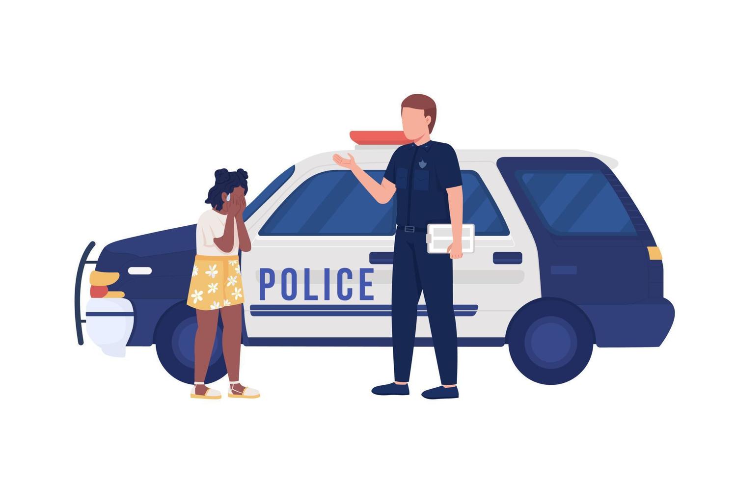Polizist und weinendes Mädchen halbflache Farbvektorfiguren. editierbare Zahlen. Ganzkörpermenschen auf Weiß. einfache karikaturartillustration für webgrafikdesign und -animation vektor