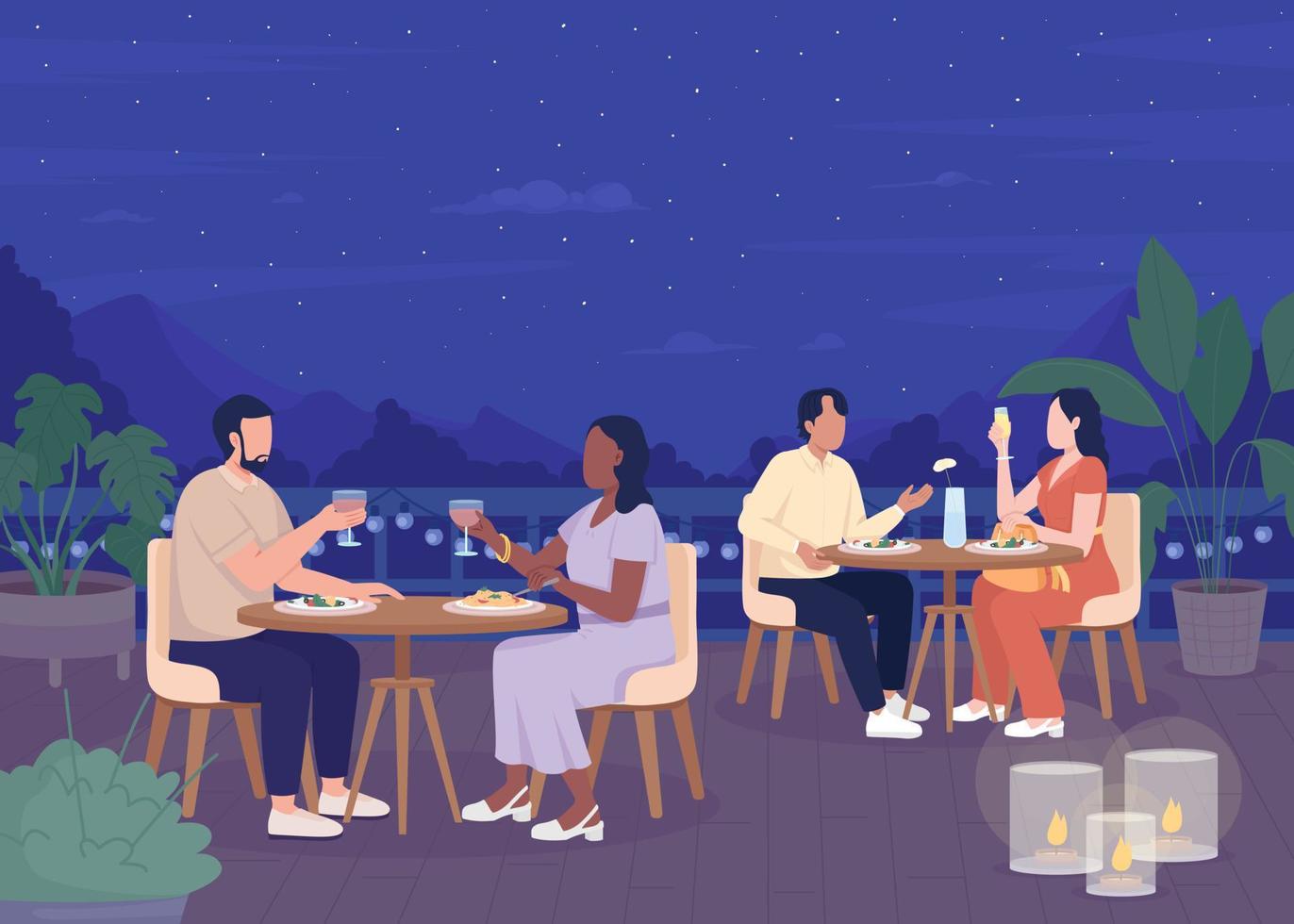 romantisk intim middag på tillflykt platt Färg vektor illustration. njuter måltid och vin med älskad partner i kväll. fullt redigerbar 2d enkel tecknad serie tecken med natt himmel på bakgrund