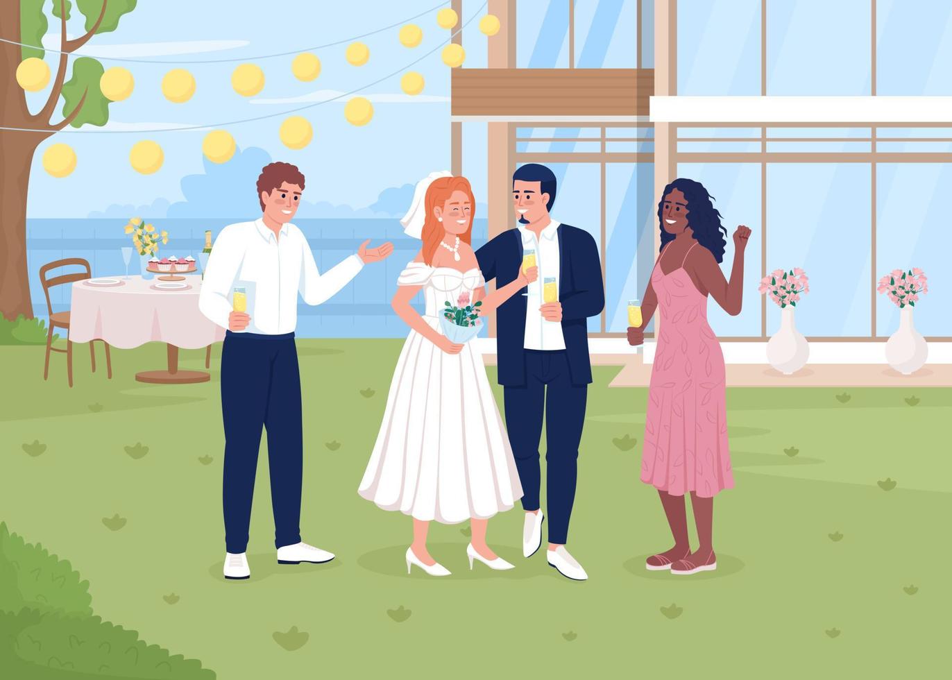 fira bröllop händelse i bakgård platt Färg vektor illustration. Lycklig nygifta med vänner. fullt redigerbar 2d enkel tecknad serie tecken med byggnad och trädgård på bakgrund