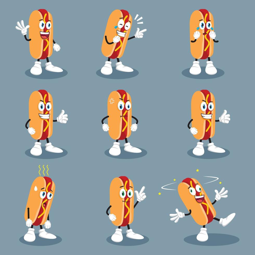 Hot-Dog-Maskottchen mit verschiedenen Emotionen im Cartoon-Stil-Vektor. lustiger Charakter. Abbildung Abbildung. Zeichen-Emoji. Cartoon-Emoticon. vektor