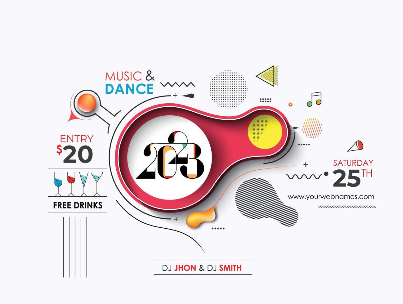 2023 ny år musik fest händelse flygblad affisch för social media posta. vektor