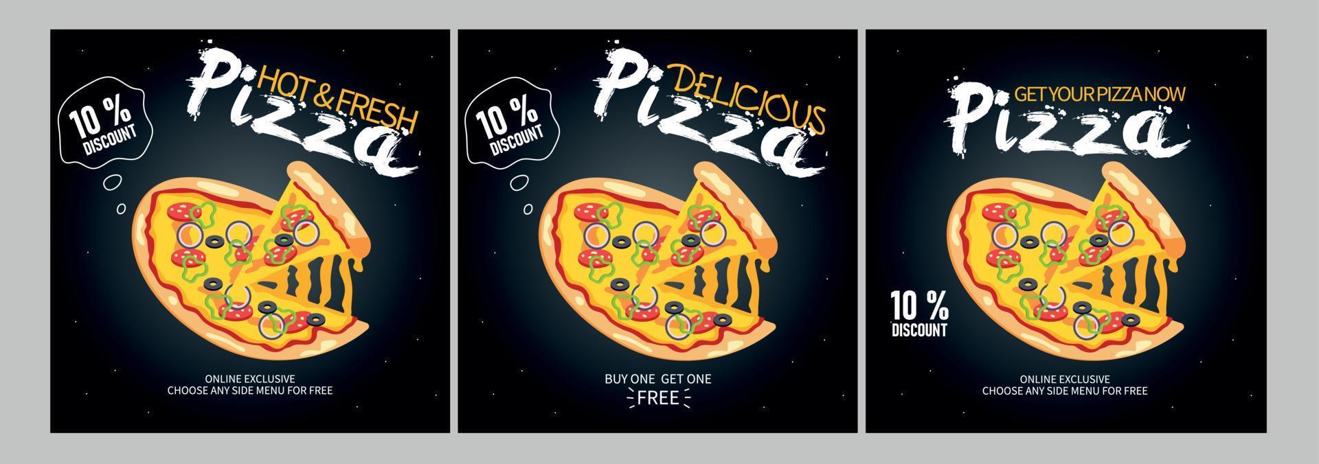 pizza posta och webb baner mall design. uppsättning av webb baner, flygblad eller affisch med svart accent för pizza erbjudande befordran vektor