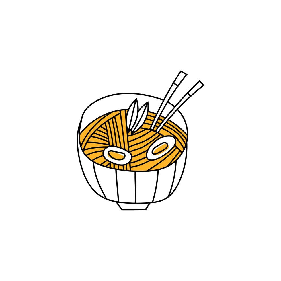 Doodle-Ramen. Schüssel mit Ramen-Nudeln. Nudeln in einer Schüssel mit Stäbchen. asiatische suppe mit ei, spaghetti und nori . Vektor-Illustration auf weißem Hintergrund vektor